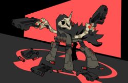 Size: 5175x3375 | Tagged: safe, artist:drawponies, pony, absurd resolution, ammunition, bullet, cloak, clothes, gun, male, mask, overwatch, ponified, reaper (overwatch), robotic arm, solo, stallion, weapon