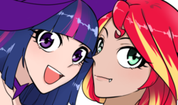 Size: 572x338 | Tagged: safe, artist:extraluna, sunset shimmer, twilight sparkle, vampire, equestria girls, g4, cute, fangs, female, halloween, halloween costume, hat, human coloration, lesbian, looking at you, nightmare night, ship:sunsetsparkle, shipping, simple background, twiabetes, witch, witch hat