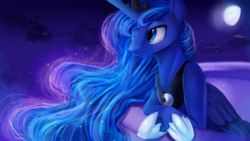 Size: 1920x1080 | Tagged: safe, artist:aelwyng, princess luna, alicorn, pony, g4, balcony, bipedal, bipedal leaning, color porn, crossed hooves, female, leaning, moon, night, solo, stars
