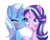 Size: 2490x2015 | Tagged: safe, artist:suziouwabami, starlight glimmer, trixie, pony, unicorn, g4, blushing, cheek kiss, duo, female, high res, kissing, lesbian, mare, shiny, ship:startrix, shipping, simple background, white background