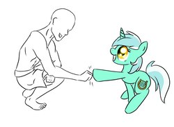 Size: 2560x1877 | Tagged: safe, artist:vincher, lyra heartstrings, oc, oc:anon, human, pony, unicorn, g4, duo, fist bump, hoofbump, partial color, simple background, smiling, white background