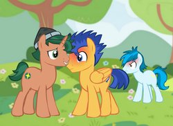Size: 1600x1163 | Tagged: safe, artist:supermaxx92, flash sentry, thunderbass, timber spruce, earth pony, pegasus, pony, unicorn, g4, colt, couple, equestria girls ponified, gay, jealous, male, ponified, ship:timberflash, shipping, stallion, thunderflash