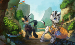Size: 1500x914 | Tagged: safe, artist:asimos, oc, oc only, oc:swift justice, oc:tiger eyes, pony, unicorn, zebra, clothes, commission, jungle, levitation, looking at you, magic, mountain, scenery, scroll, sword, telekinesis, weapon