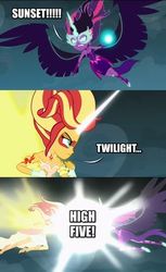 Size: 236x385 | Tagged: safe, screencap, sci-twi, sunset shimmer, twilight sparkle, equestria girls, g4, my little pony equestria girls: friendship games, awesome, clothes, comic, daydream shimmer, digital, friendship, high five, high heels, horn, image macro, meme, midnight sparkle, skirt, wings