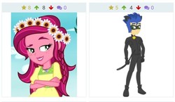 Size: 575x333 | Tagged: safe, artist:rebelprincess59, edit, edited screencap, screencap, flash sentry, gloriosa daisy, derpibooru, equestria girls, g4, my little pony equestria girls: legend of everfree, cat ears, chat noir, clothes, crossed arms, flower, flower in hair, juxtaposition, meta, miraculous ladybug, smiling, suit, tail