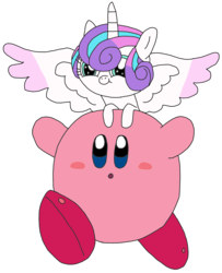 Size: 1475x1817 | Tagged: safe, artist:supahdonarudo, princess flurry heart, alicorn, pony, puffball, g4, :o, :t, cute, flurry heart riding kirby, flurrybetes, foal, hnnng, kirby, kirby (series), nintendo, open mouth, riding, simple background, smiling, spread wings, transparent background