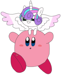 Size: 1475x1817 | Tagged: safe, artist:supahdonarudo, princess flurry heart, alicorn, pony, puffball, g4, :o, :t, cute, flurrybetes, foal, hnnng, kirby, kirby (series), nintendo, open mouth, riding, simple background, smiling, spread wings, transparent background