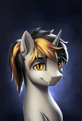 Size: 1984x2927 | Tagged: safe, artist:l1nkoln, oc, oc only, oc:sparc, bat pony, hybrid, pony, unicorn, commission, ear piercing, fangs, looking at you, male, piercing, slit pupils, smiling, solo, stallion, yellow eyes