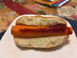 Size: 2048x1536 | Tagged: safe, artist:chiptunebrony, g4, rarity takes manehattan, stranger than fan fiction, carrot, carrot dog, condiment, defictionalization, food, irl, ketchup, no pony, photo, plate, recipe, sauce