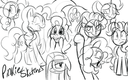 Size: 1024x640 | Tagged: dead source, safe, artist:wubcakeva, pinkie pie, earth pony, pony, g4, female, happy, knife, monochrome, multeity, pinkamena diane pie, self ponidox, sketch, sketch dump, solo, wavy mouth