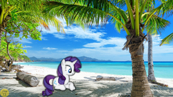 Size: 1920x1080 | Tagged: safe, artist:pablomen13, rarity, g4, beach, hawaii, irl, mountain, palm tree, photo, ponies in real life, prone, shadow, solo, tree, vector