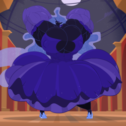 Size: 1800x1800 | Tagged: safe, artist:commoddity, nightmare moon, anthro, unguligrade anthro, g4, big breasts, breasts, clothes, dress, female, huge breasts, impossibly large breasts, muscles, muscular female, nightmare muscle moon, overdeveloped muscles, solo
