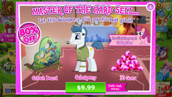 Size: 1136x640 | Tagged: safe, gameloft, screencap, ahuizotl, daring do, spotlight show, strawberry parchment, twilight sparkle, pony, g4, advertisement, book store, costs real money, crack is cheaper, doctor caballeron costume, gem, introduction card, ponyville spa, salespony