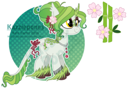 Size: 1024x711 | Tagged: safe, artist:kazziepones, oc, oc only, oc:midori, classical unicorn, kirin, pony, unicorn, cloven hooves, female, flower, flower in hair, horn, leonine tail, mare, reference sheet, simple background, solo, transparent background, unshorn fetlocks