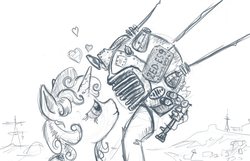 Size: 1016x654 | Tagged: safe, artist:agm, sweetie belle, robot, g4, ed-e, fallout, fallout: new vegas, monochrome, sweetie bot