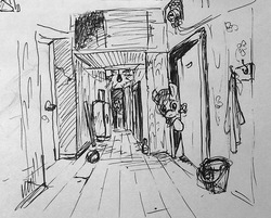 Size: 800x642 | Tagged: safe, artist:agm, pony, apartment, corridor, grayscale, monochrome, traditional art