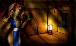 Size: 1000x604 | Tagged: safe, artist:adammasterart, artist:whatthehell!?, edit, sunset shimmer, equestria girls, g4, breasts, busty sunset shimmer, dead or alive, female, japan, kasumi, lamp, room, sunset sushi, thighs, toy interpretation