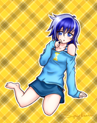 Size: 1208x1534 | Tagged: safe, artist:superkeen, minuette, human, g4, barefoot, clothes, cute, denim skirt, feet, female, humanized, kneeling, legs, looking at you, moe, skirt, solo, sweater