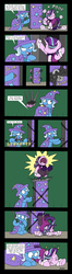 Size: 2516x9500 | Tagged: safe, artist:bobthedalek, starlight glimmer, trixie, pony, unicorn, g4, absurd resolution, accident, assistant, assistant's outfit, circling stars, clothes, comic, dialogue, dizzy, fail, female, fishnet stockings, grammar error, knock out, magic, magic show, magic trick, mare, misspelling, pain, swirly eyes, sword, this ended in pain, weapon