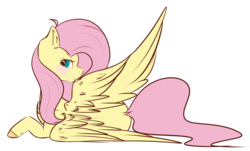 Size: 1979x1196 | Tagged: dead source, safe, artist:mauuwde, artist:redreddrawings, fluttershy, pegasus, pony, g4, blushing, collaboration, dock, female, preening, prone, simple background, solo, spread wings, tongue out, transparent background, wings