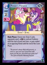 Size: 358x500 | Tagged: safe, enterplay, pinkie pie, snowfall frost, spirit of hearth's warming presents, starlight glimmer, earth pony, pony, unicorn, defenders of equestria, g4, my little pony collectible card game, ccg, female, hat, horn, mare, merchandise