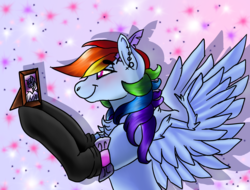 Size: 2048x1556 | Tagged: safe, artist:brainiac, rainbow dash, twilight sparkle, alicorn, pegasus, pony, g4, abstract background, blushing, chest fluff, clothes, ear piercing, earring, feather, female, jewelry, lesbian, mare, out of character, picture, picture frame, piercing, ribbon, shadow, ship:twidash, shipping, simple background, smiling, socks, solo, spread wings, twilight sparkle (alicorn), wingboner