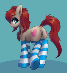 Size: 1280x1403 | Tagged: safe, artist:orchidpony, oc, oc only, oc:ponepony, earth pony, pony, butt, chest fluff, clothes, cute, dock, eyeshadow, featureless crotch, looking at you, looking back, makeup, plot, socks, striped socks
