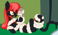 Size: 2825x1689 | Tagged: safe, artist:badumsquish, derpibooru exclusive, oc, oc only, oc:calista, oc:mave, alp-luachra, original species, tapeworm, tapeworm pony, angry, bed, constriction, duo, eye contact, female, fight, glare, looking at each other, on back, parasite, red and black oc, struggling, teeth, wrapped up