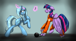 Size: 3584x1928 | Tagged: safe, artist:xfireflamex, trixie, twilight sparkle, alicorn, pony, unicorn, g4, chains, clothes, duo, female, glowing horn, horn, key, magic, mare, prison outfit, prisoner, prisoner ts, telekinesis, twilight sparkle (alicorn)