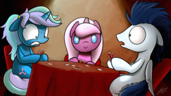 Size: 800x450 | Tagged: safe, artist:dori-to, soarin', oc, oc:azurite, oc:pink pony, pegasus, pony, unicorn, fanfic:scenes of the quarter, g4, c:, card, chair, cute, doll, fanfic, fanfic art, floppy ears, frown, gritted teeth, hoof hold, messy mane, nervous, open mouth, playing card, plushie, poker, ponytail, sitting, smiling, surprised, sweat, table, tablecloth, toy, wide eyes