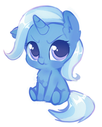 Size: 659x817 | Tagged: safe, artist:millioncookies, trixie, pony, unicorn, g4, :t, blushing, chest fluff, chibi, colored pupils, cute, diatrixes, ear fluff, female, filly, filly trixie, floppy ears, fluffy, frown, glare, grumpy, looking at you, mare, millioncookies is trying to murder us, pouting, scrunchy face, simple background, sitting, solo, weapons-grade cute, white background