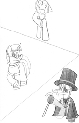 Size: 1045x1615 | Tagged: safe, artist:dsb71013, oc, oc only, oc:amber spark, oc:night cap, oc:static signal, cape, clothes, comic, hat, monochrome, monocle, top hat