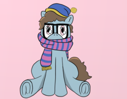 Size: 1359x1058 | Tagged: safe, artist:letterbomb, derpibooru exclusive, oc, oc only, oc:letterbomb, all snuggled up, beanie, clothes, comfy, curly hair, ear fluff, frog (hoof), glasses, hat, jojo reference, pink background, scarf, simple background, sitting, solo, underhoof, wide eyes