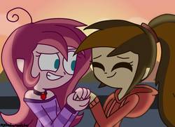 Size: 1378x999 | Tagged: safe, artist:psychodiamondstar, oc, oc only, oc:contralto, oc:cupcake slash, equestria girls, g4, clothes, commission, disguised siren, equestria girls-ified, female, holding hands, hoodie, lesbian, oc x oc, pendant, shipping, smiling