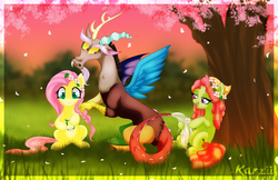 Size: 800x518 | Tagged: safe, artist:karzii, discord, fluttershy, tree hugger, draconequus, earth pony, pegasus, pony, g4, cherry blossoms, discord is not amused, flower, flower blossom, signature, sitting, tree, unamused