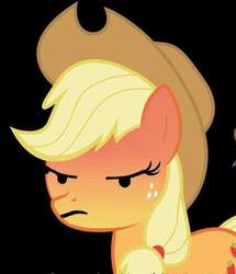 Size: 651x756 | Tagged: safe, artist:dharthez, edit, editor:anonymous, applejack, earth pony, pony, g4, angry, black background, cowboy hat, emoji, female, frown, hat, lidded eyes, simple background, solo, stetson