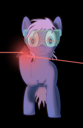 Size: 1685x2605 | Tagged: safe, artist:taterbiscit, oc, oc only, oc:quasar, earth pony, pony, bed hair, chest fluff, female, glowing eyes, goggles, laser, mad scientist, paintdotnet, quasar, science, solo, stare, sweat, sweatdrop, tetrahedron