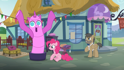 Size: 1920x1080 | Tagged: safe, screencap, fred flintpone, pinkie pie, pony, g4, my little pony: friendship is magic, the one where pinkie pie knows, 1080p, airdancer, raised hoof, sitting, wacky waving inflatable tube pony