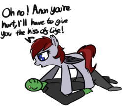 Size: 939x830 | Tagged: safe, artist:neuro, oc, oc only, oc:anon, oc:vannie, bat pony, human, pony, bandaid, dialogue, fangs, female, frown, imminent kissing, lidded eyes, male, mare, on back, open mouth, simple background, smiling, transparent background