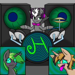 Size: 1280x1280 | Tagged: safe, artist:askhypnoswirl, oc, oc only, oc:hypno swirl, pony, unicorn, blushing, drums, hypnosis, music, musical instrument, speaker, swirly eyes, tongue out