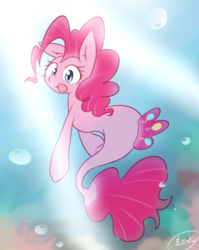 Size: 1963x2467 | Tagged: safe, artist:akainu_pony, pinkie pie, seapony (g4), g4, my little pony: the movie, air bubble, bubble, coral, crepuscular rays, dorsal fin, female, fin, fish tail, flowing mane, flowing tail, looking back, mare, ocean, open mouth, seaponified, seapony pinkie pie, seaweed, solo, species swap, sunlight, swimming, tail, that pony sure does love being a seapony, underwater, water