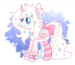 Size: 2852x2469 | Tagged: safe, artist:rish--loo, oc, oc only, oc:pastel princess, pony, bridle, clothes, collar, feathered ears, female, hairpin, harness, heart eyes, high res, long tail, mare, show accurate, small wings, socks, solo, stars, striped socks, tack, unibat, unshorn fetlocks, wingding eyes