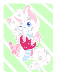 Size: 900x1200 | Tagged: safe, artist:angel-rose, oc, oc only, oc:pastel princess, pony, bow, bridle, chibi, clothes, collar, feathered ears, female, hairpin, harness, heart, heart eyes, heart pillow, long tail, mare, pillow, small wings, socks, stars, striped socks, tack, tail bow, unibat, unshorn fetlocks, wingding eyes