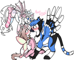 Size: 860x701 | Tagged: safe, artist:askponyren, oc, oc only, oc:pastel princess, oc:raven tail, oc:sleepy dust, bird, blue jay, griffon, hippogriff, mothpony, original species, antennae, bluejay griffon, blushing, bow, bridle, clothes, feathered ears, female, flying, griffon oc, hairpin, harness, heart eyes, lace, long tail, mare, moth antenna, now kiss, oc x oc, shipping, short tail, simple background, small wings, stars, stockings, tack, tail bow, thigh highs, transparent background, unibat, unshorn fetlocks, wingding eyes, writing