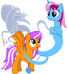 Size: 6400x7048 | Tagged: safe, artist:deratrox, artist:parclytaxel, oc, oc only, oc:digidrop, oc:parcly taxel, oc:spindle, alicorn, genie, genie pony, ghost, pegasus, pony, windigo, albumin flask, .svg available, absurd resolution, alicorn oc, bottle, collaboration, crossed hooves, happy, horn, horn ring, looking down, looking up, raised hoof, rubbing, simple background, smiling, spread wings, transparent background, transparent flesh, vector, windigo oc, wish
