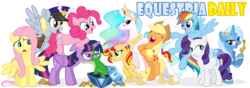 Size: 1000x350 | Tagged: safe, applejack, derpy hooves, fluttershy, gummy, pinkie pie, princess celestia, rainbow dash, rarity, sunset shimmer, trixie, twilight sparkle, alicorn, earth pony, pegasus, pony, unicorn, equestria daily, g4, chest of harmony, clothes, equestria girls outfit, key, keys of harmony, mailmare, mane six, simple background, transparent background, twilight sparkle (alicorn)