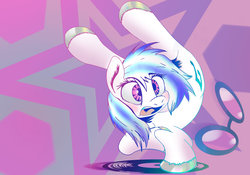 Size: 1280x896 | Tagged: safe, artist:hecc95, dj pon-3, vinyl scratch, pony, unicorn, g4, abstract background, female, flexible, glasses, missing horn, open mouth, record, solo, standing, standing on one leg, sunglasses, vinyl missing her horn