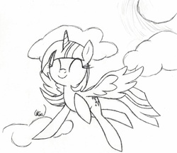 Size: 2628x2269 | Tagged: safe, artist:ethereal-desired, twilight sparkle, alicorn, pony, g4, eyes closed, female, flying, high res, monochrome, solo, traditional art, twilight sparkle (alicorn)