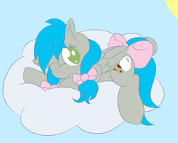 Size: 1723x1388 | Tagged: safe, artist:laptopbrony, oc, oc only, oc:darcy sinclair, blushing, bow, cloud, cute, looking at you, on a cloud, solo
