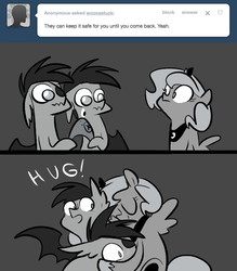 Size: 666x761 | Tagged: safe, artist:egophiliac, princess luna, oc, oc:frolicsome meadowlark, oc:sunshine smiles (egophiliac), bat pony, pony, moonstuck, g4, ask, cartographer's element of courage, filly, grayscale, hug, monochrome, tumblr, wavy mouth, woona, younger